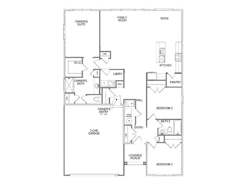 The Cochrane floor plan drawing with rooms and furnishings indicated with color and labels 